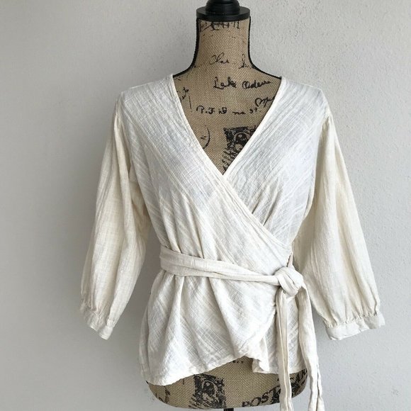RD & Koko Tops - RD & Koko Wrap Top Ivory Long Sleeve Tie Waist